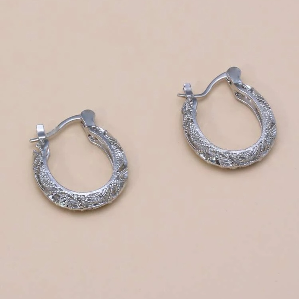 New Sterling Silver Boho Latch Back Diamond Cut Fancy Filigree Hoop Earrings - Picture 6 of 13